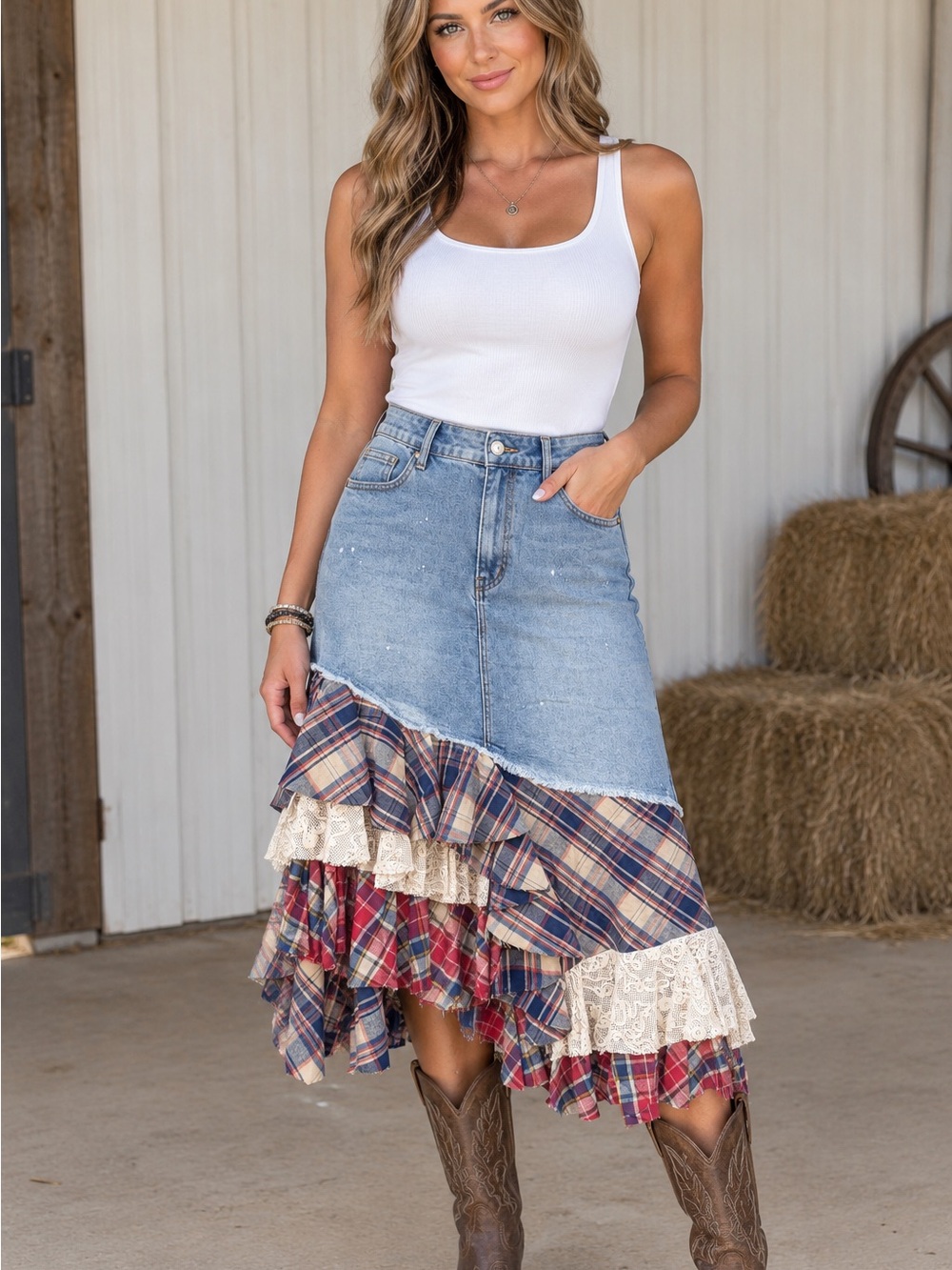 Oli & Hali Light Blue Denim High-Low Skirt with Red Plaid & Cream Lace size XL